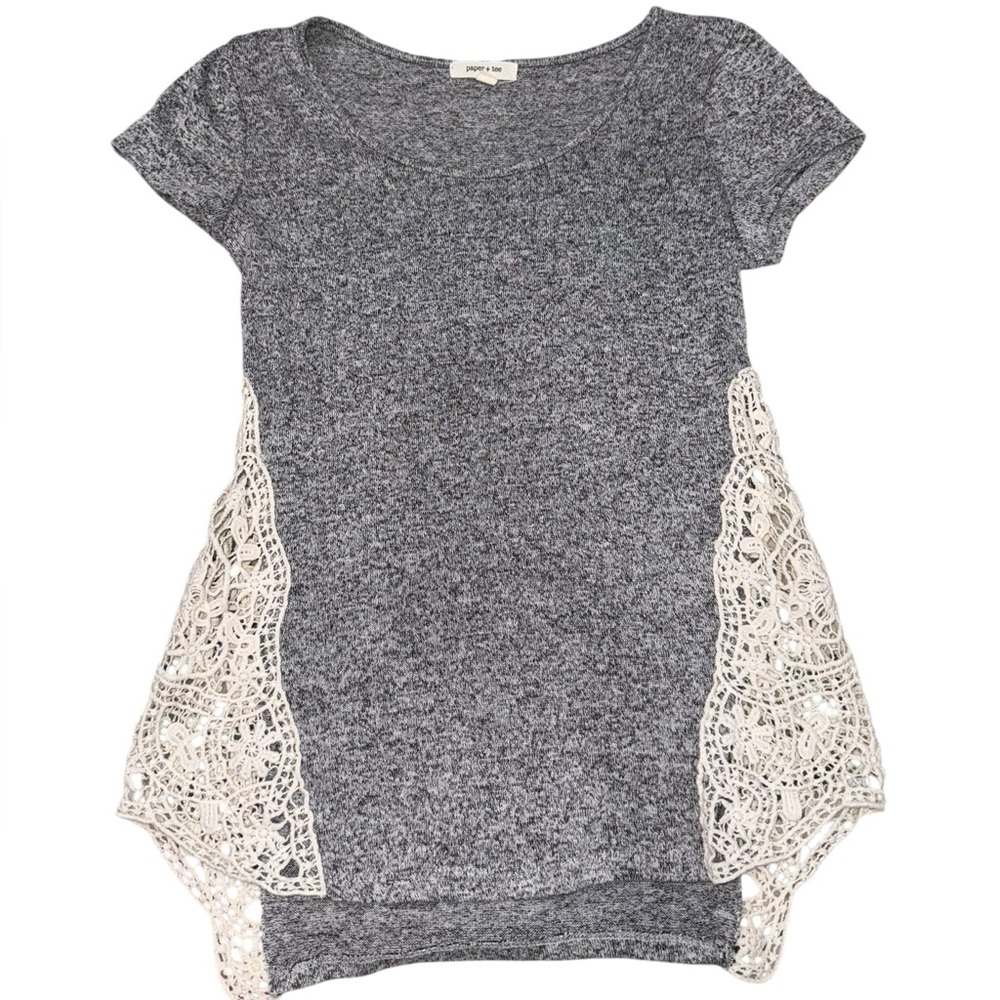 Paper + Tee Grey Heathered Knit Top with Ivory Crochet Lace Side Insets - Small